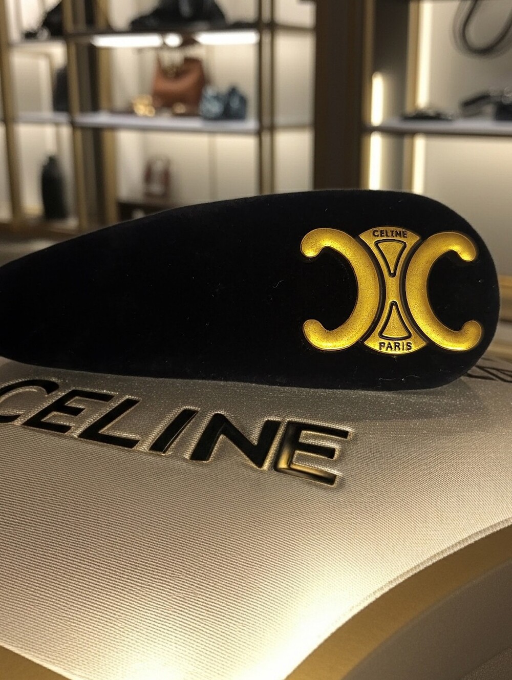 Celine Black Velvet Barrette with Gold Triomphe Emblem